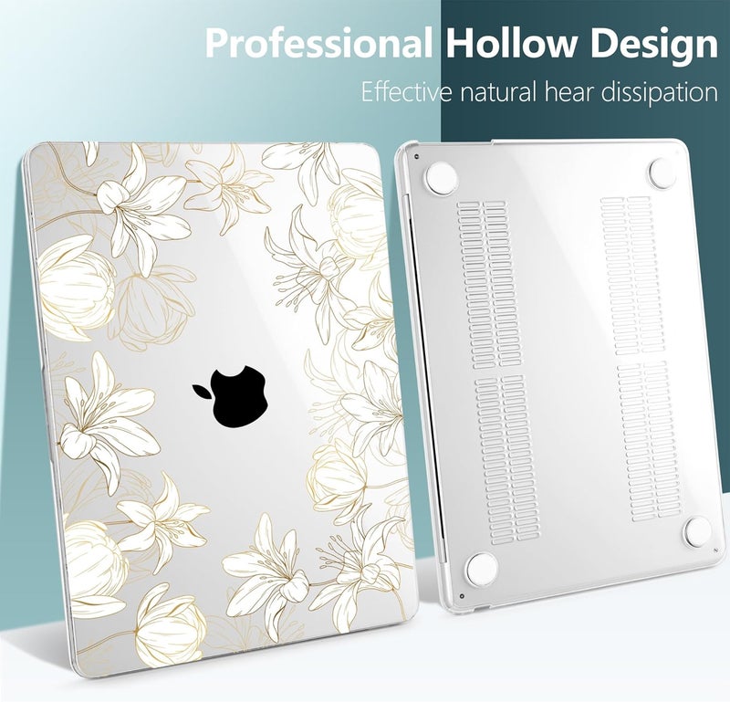 DONGKE غطاء لجهاز MacBook Air M4 مقاس 13.6 بوصة 2025 2024 2023 2022 طراز A3240 A3113 A2681 شريحة M3 M2، غلاف صلب بلاستيكي مع Touch ID لجهاز MacBook Air مقاس 13 بوصة M4 - زهور ذهبية - Image 4